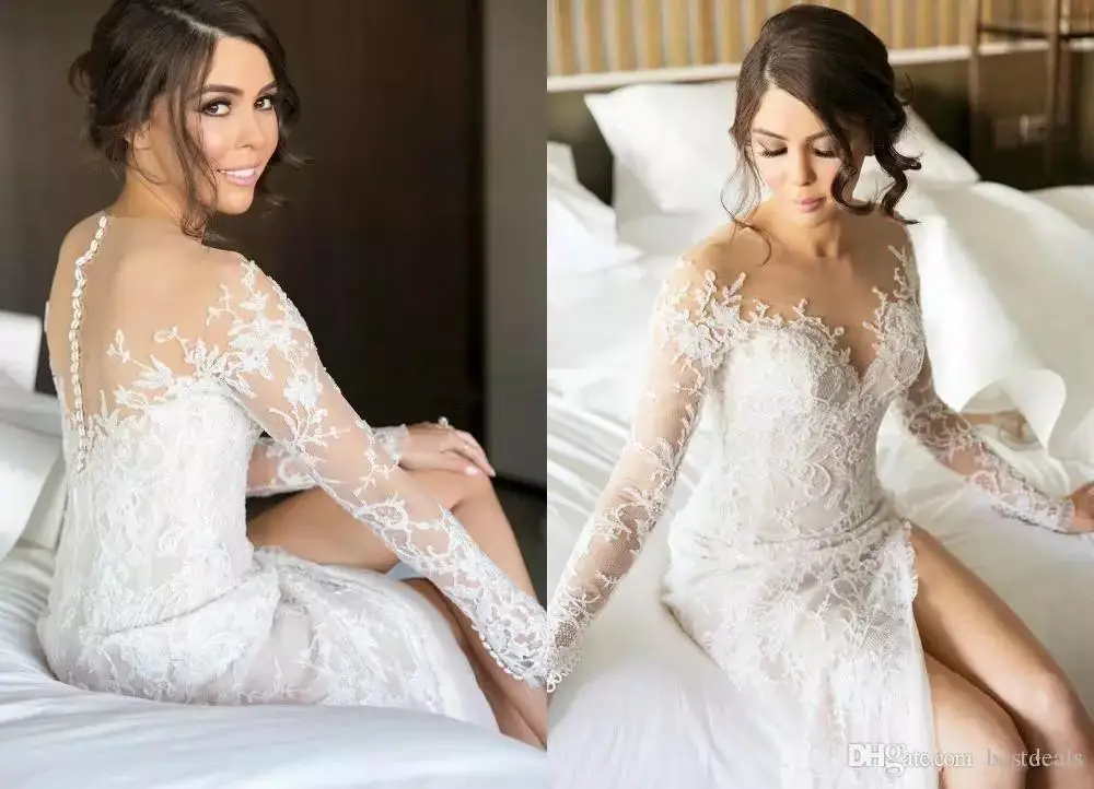 Платье с длинным рукавом Steven Khalil кружевное отделанное сатиновой юбкой|Свадебные
