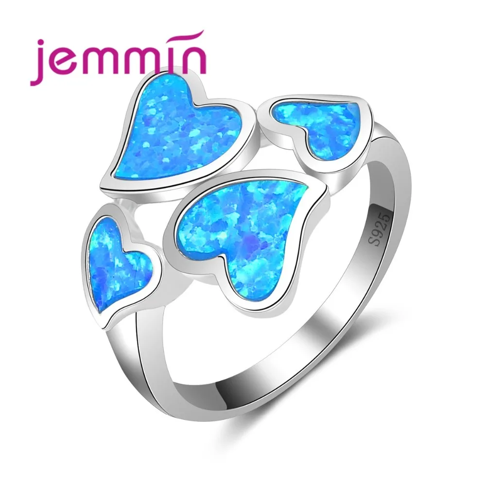 Уникальный дизайн голубой огненный опал Обручение кольцо 4 сердца 925 пробы