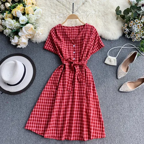 Красный Vintage Button Slim V Neck Plaid Print Short Dress Summer Party Tie Robes Vestidos Women Casual A-Line Vestido De Festa - Цвет: Красный