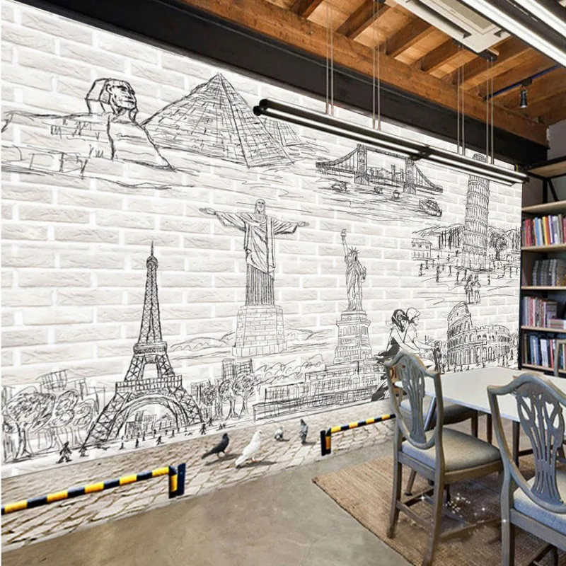 

3D photo wallpaper Retro sketch wall tiles world name architectural background wall lobby Wallpaper stereo custom mural