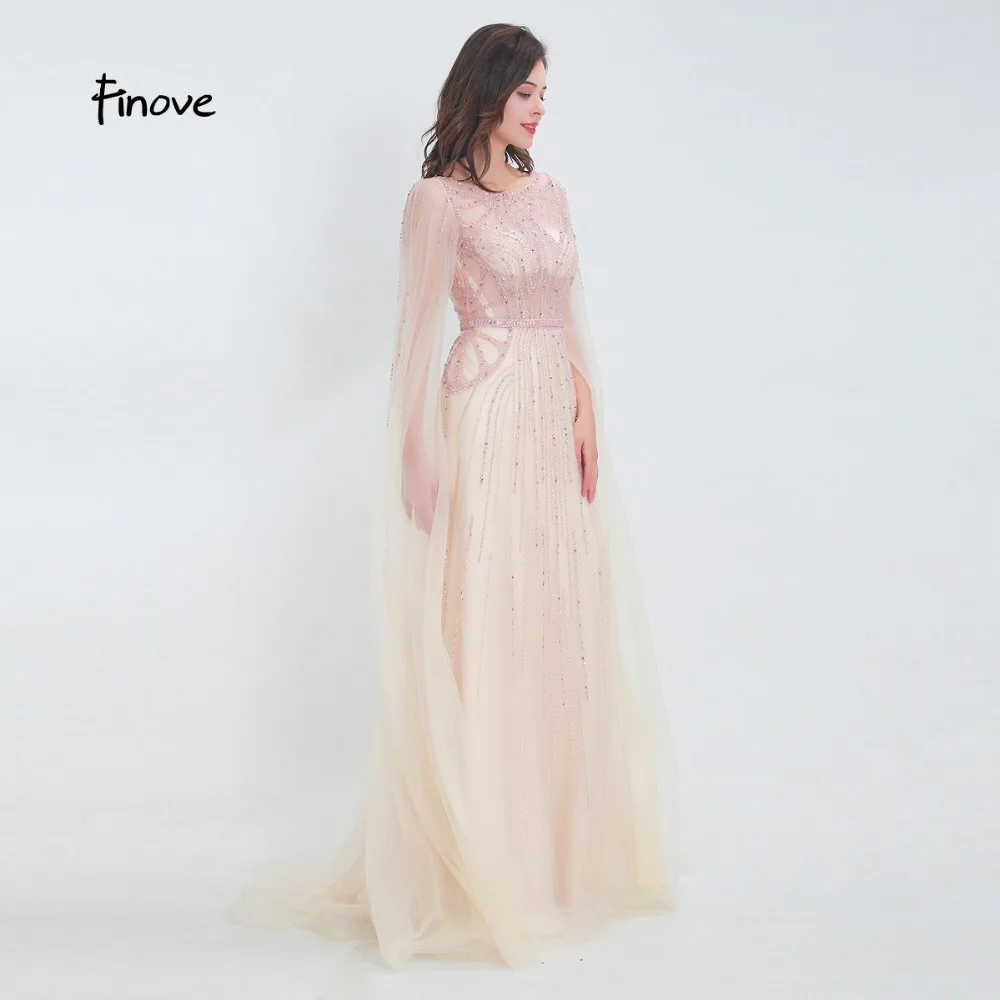 Finove Evening Dress 2020 Long Champagne Fully Beaded Sleeves Tulle Elegant O Neck Formal Party Woman Robe de soiree | Свадьбы и
