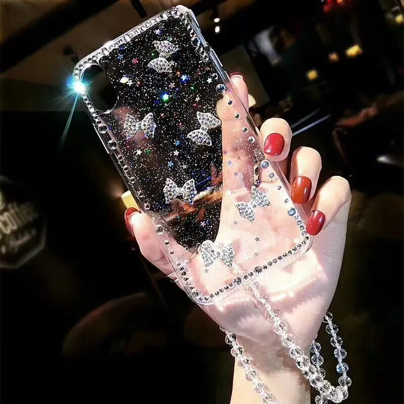 Блестящий чехол с бриллиантовым бантом и ремешком для iPhone 11 12 Mini PRO 7 8 Plus X XS MAX XR