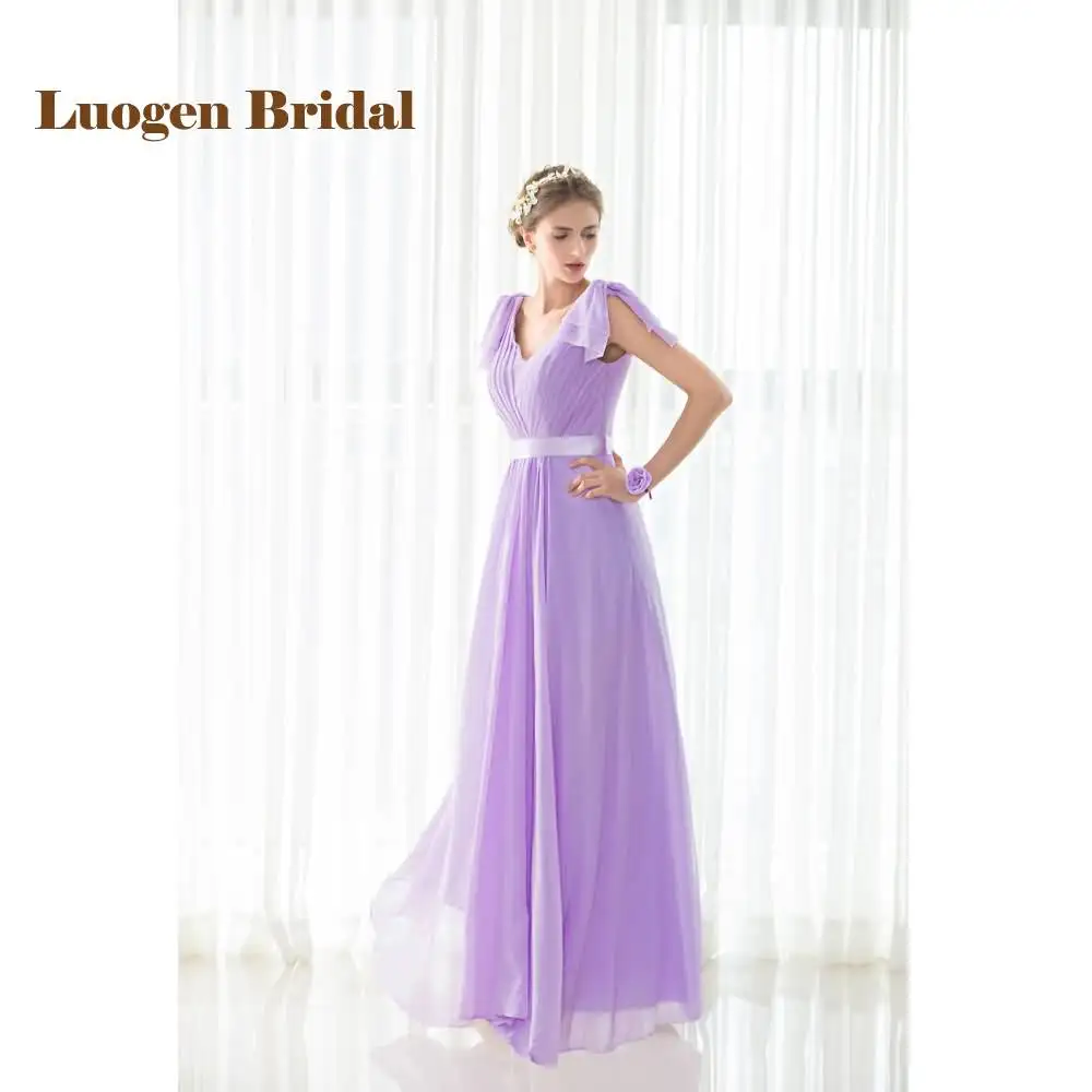Luogen Bridal 2017 In Stock Bridesmaid Dresses Purple Column Sashes V-Neck Pleat Chiffon Long Wedding Party Gowns Wholesale | Свадьбы и