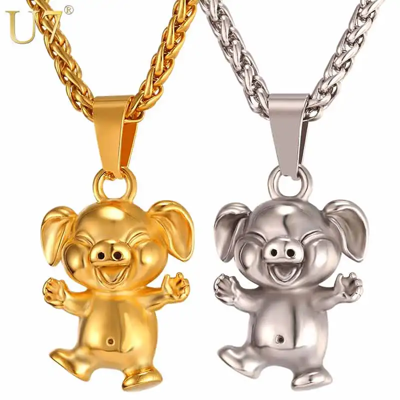 

U7 Cute Animal Happy Pig Necklace Gold Stainless Steel Chain Pet Pendant Jewelry For Men/Women Gift Dropshipping Wholesale P1044
