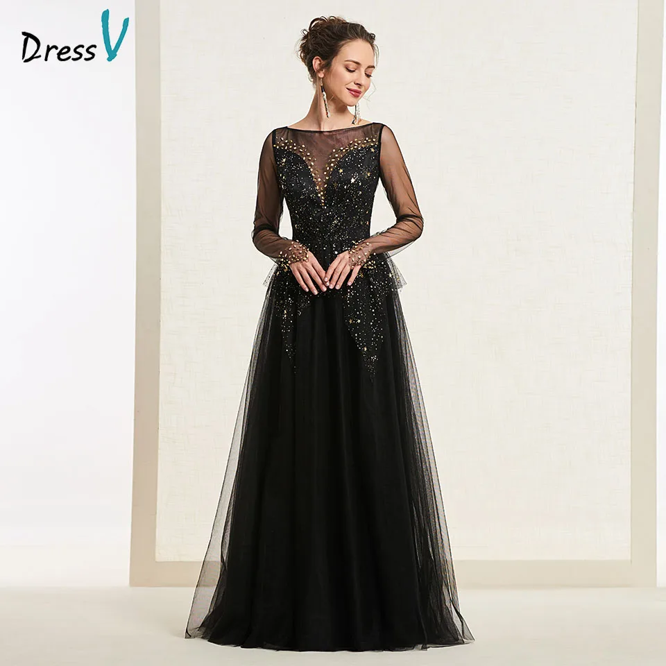 

Dressv black evening dress scoop neck a line t long sleeves button floor length wedding party formal dress evening dresses