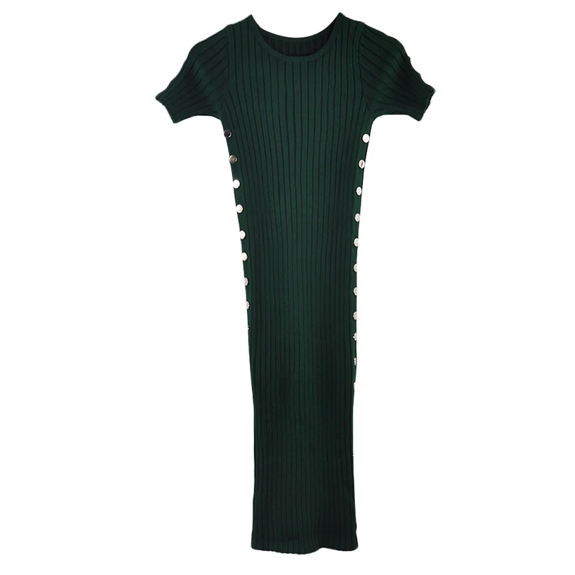 Army Green MVGIRLRU однотонное облегающее платье с круглым воротником и коротким рукавом для женщин, с боковыми пуговицами, Облегающее вязаное платье - Цвет: Army Green