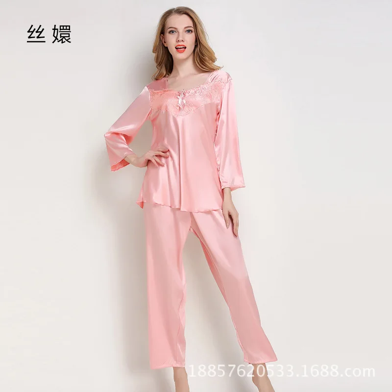 Spiring Autumn Women Ladies Sexy Flower Lace Satin Silk Pajamas Sets Long Sleeve Tops+Pants Sleepwear Femme Nightwear Pyjama | Женская