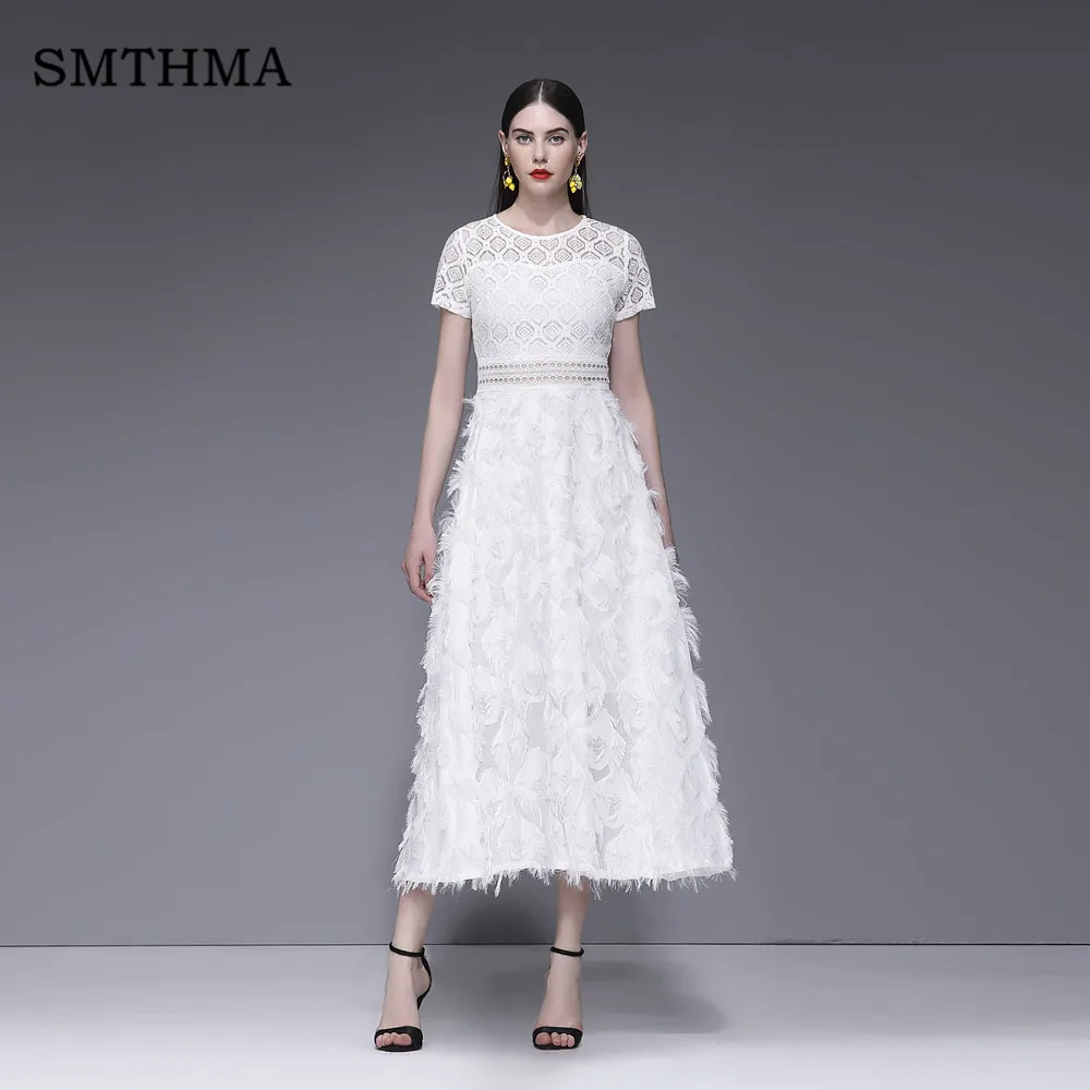 Photo Color SMTHMA Новое поступление роскошное подиумное женское кружевное лоскутное длинное платье с коротким рукавом летнее макси платье с белыми перьями Vestidos - Цвет: Photo Color