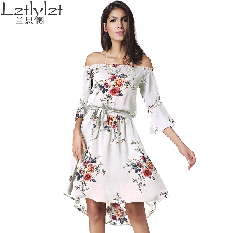 2017 new irregular print dress sexy fashion in Europe and America A line above knee slash neck free shipping | Женская одежда