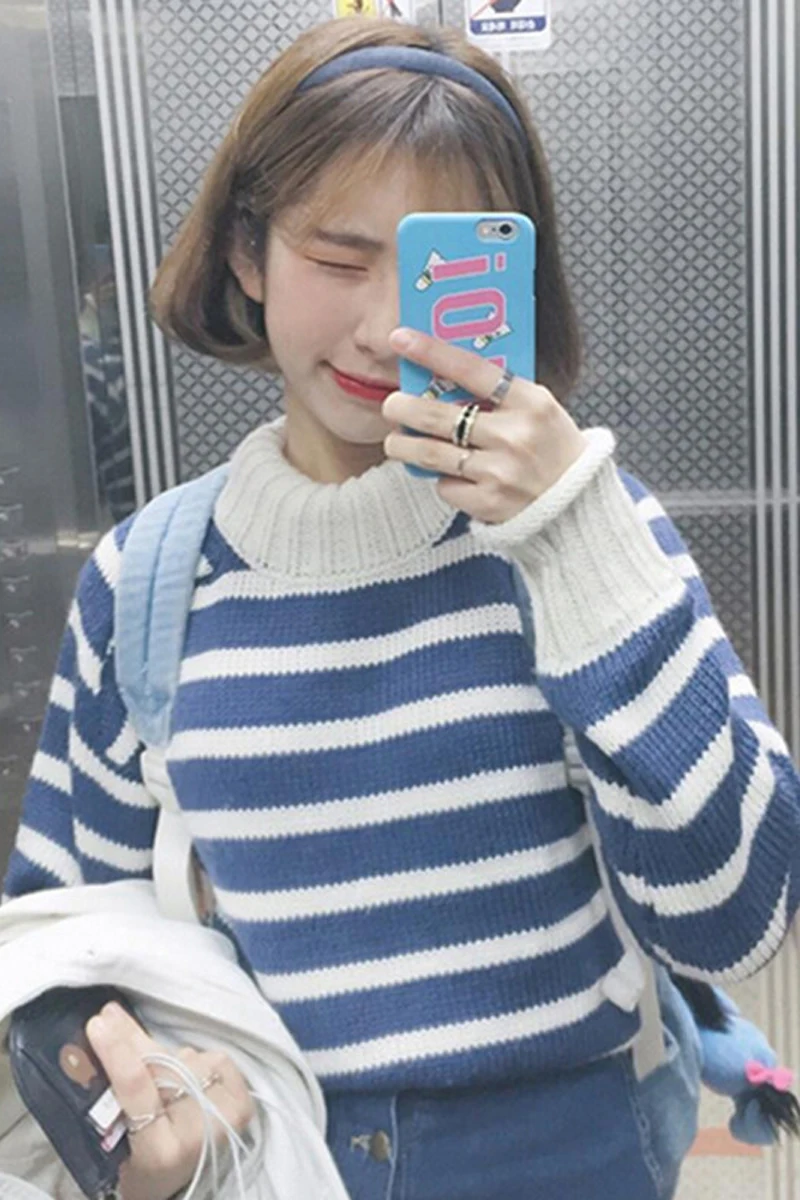Ulzzang в японском стиле Повседневный Harajuku женский зимний Retro College Wind водолазка Свободный Полосатый свитер для влюбленных плюс размер