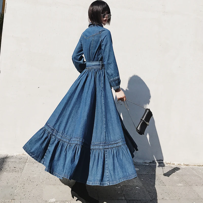 Женское длинное джинсовое платье однобортное Платье макси с поясом осень весна