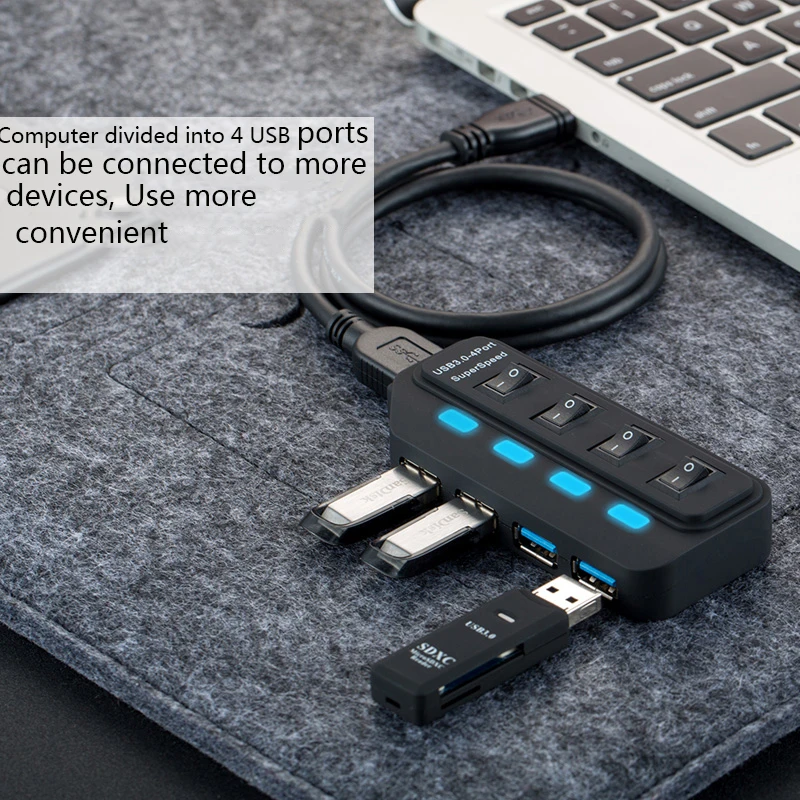 Usb-концентратор 3,0, 4 порта, usb-разветвитель 3,0, Суперскоростной концентратор для передачи данных, отдельные переключатели вкл/выкл, светодиодный usb-кабель, совместимое с usb-устройством