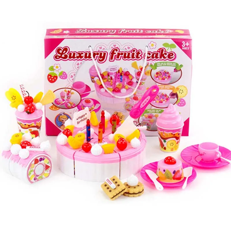 Pink 37pc Игрушечный торт для девочек, игрушечный набор для кухни, игровой набор, фруктовый торт, день рождения, ролевые игры, игрушки, розовый, голубой, подарок для детей - Цвет: Pink 37pc
