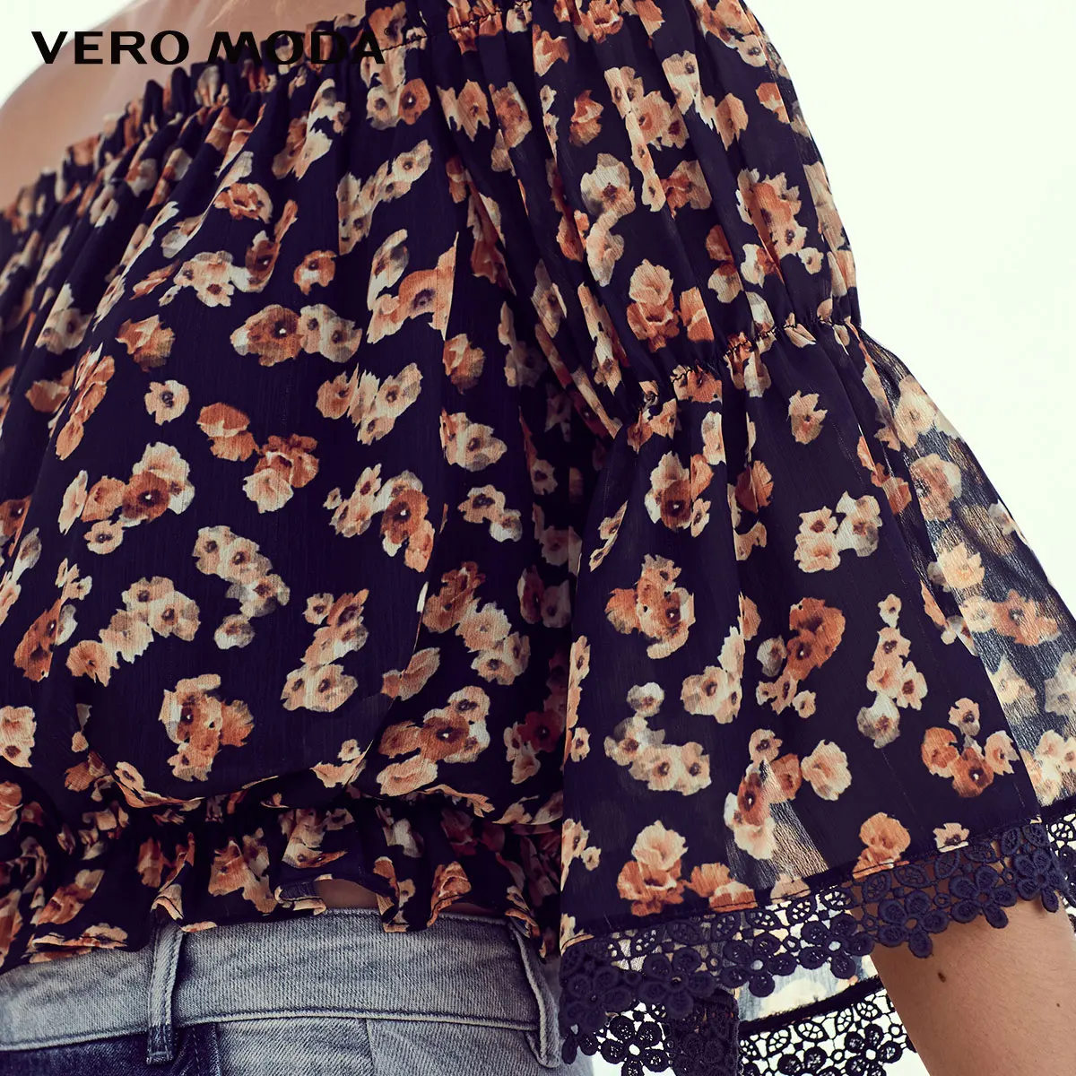 Vero Moda 2019 весна лето новый цветочный принт расклешенные рукава с вырезом лодочкой