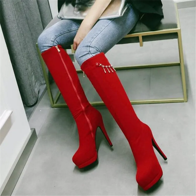winter New pattern fashion Round head gules sexy Suede Thin leg Elastic force Boots Fine heel Add wool Keep warm Women Boots
