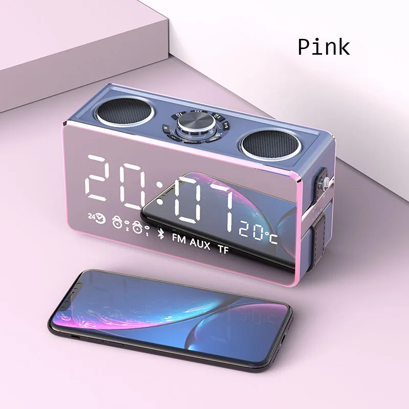 Pink Современный беспроводной Bluetooth будильник цифровой FM радио Светодиодный дисплей динамик бас электронные часы настольные повтора функция дома - Цвет: Pink