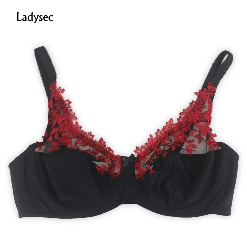 Женский бюстгальтер с цветочной вышивкой Ladysec винно-красный очень большого