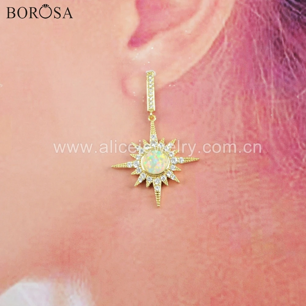 

BOROSA 5Pairs Gold Bezel Star Crysta CZ Micro Pave Round Manmade White Blue Opal Dangle Earrings Jewelry for Women ZG0391