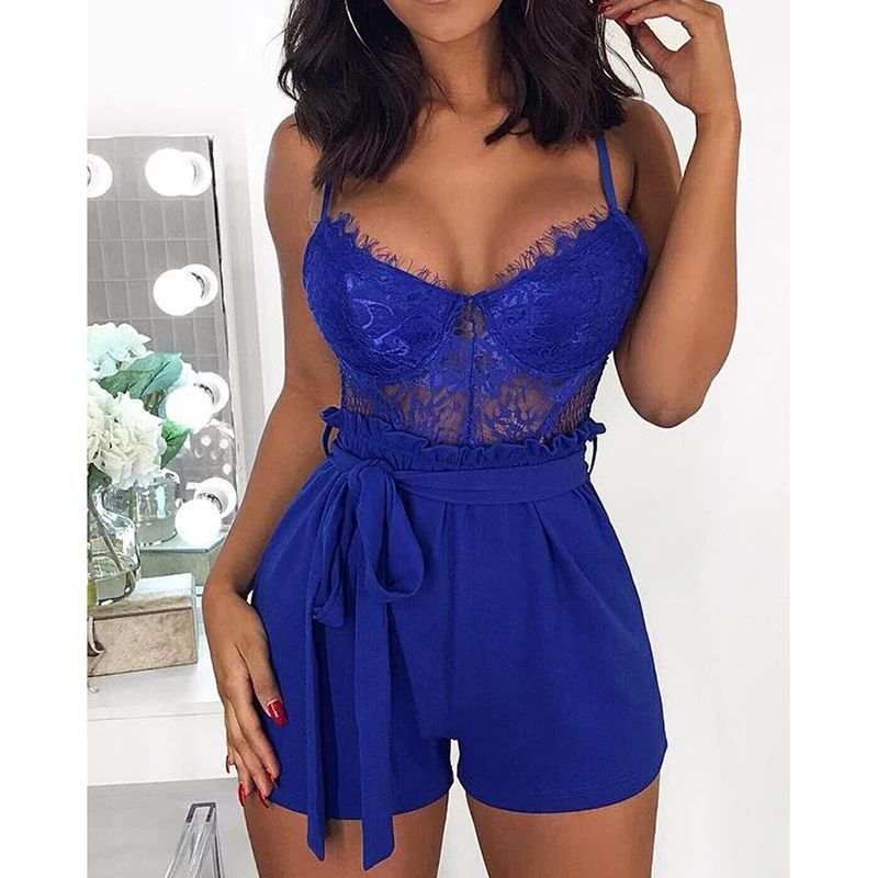 

Slim strap lace jumpsuits for women 2019 Low cut sashes jumpsuit Summer sexy club bodysuit Beach overalls for woman