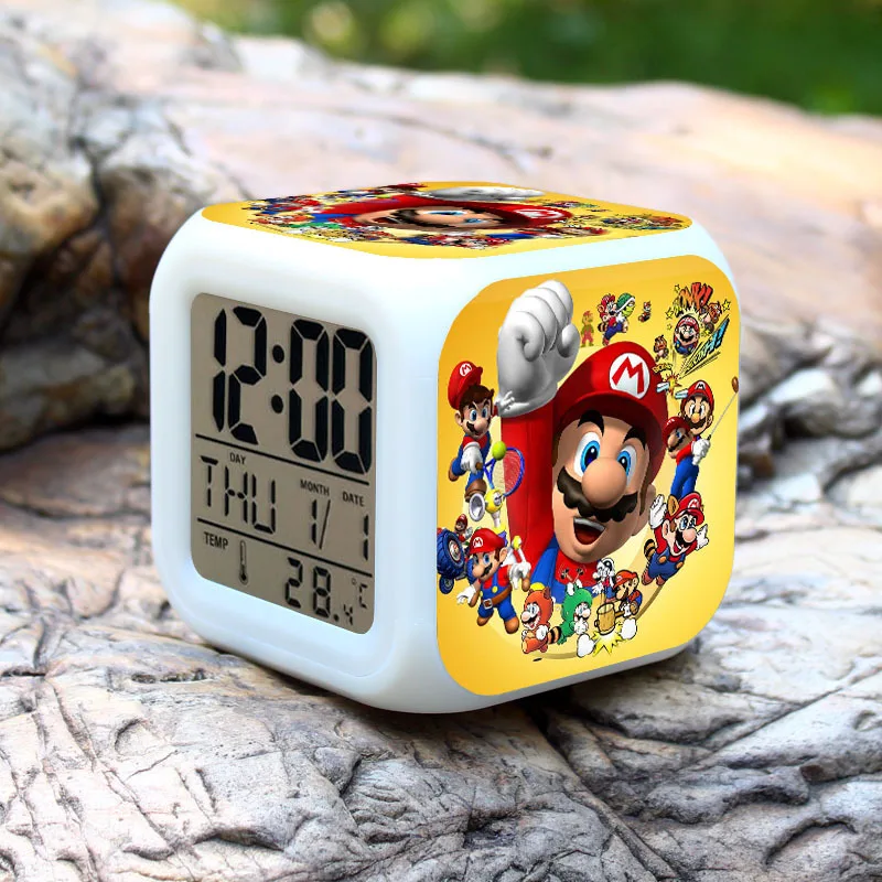 Super mario bros Детский будильник светодиодный часы мультяшный ночной Светильник вспышка 7 цветов меняющиеся цифровые часы электронные настольные часы