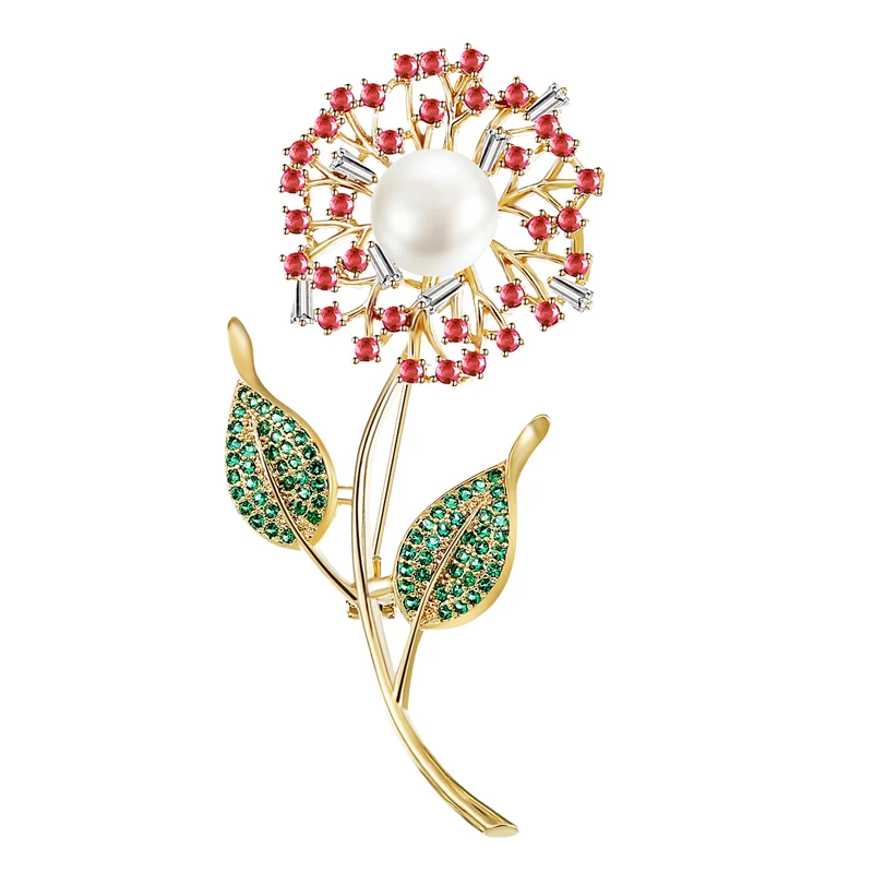 Beautiful White Pearl Dandelion Flower Brooches Pins Cubic Zirconia Red Floral Broach Flowers Stem Leaves Statement Pin Brooch