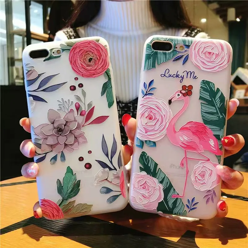 Для iphone 6s 6 8 Plus чехол для 5 5S SE x милый рельефный мультяшный Цветочный Фламинго