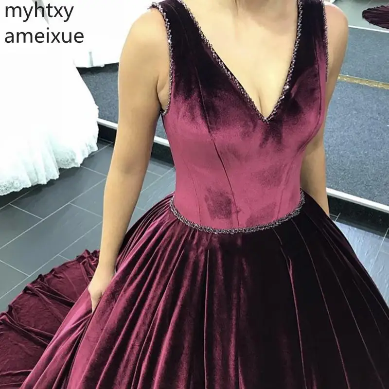2021 Sexy Long Sleeve Court Plus Size Red Gown Evening Dress Train Burgundy Lace Applique Velvet Robe De Soiree | Свадьбы и