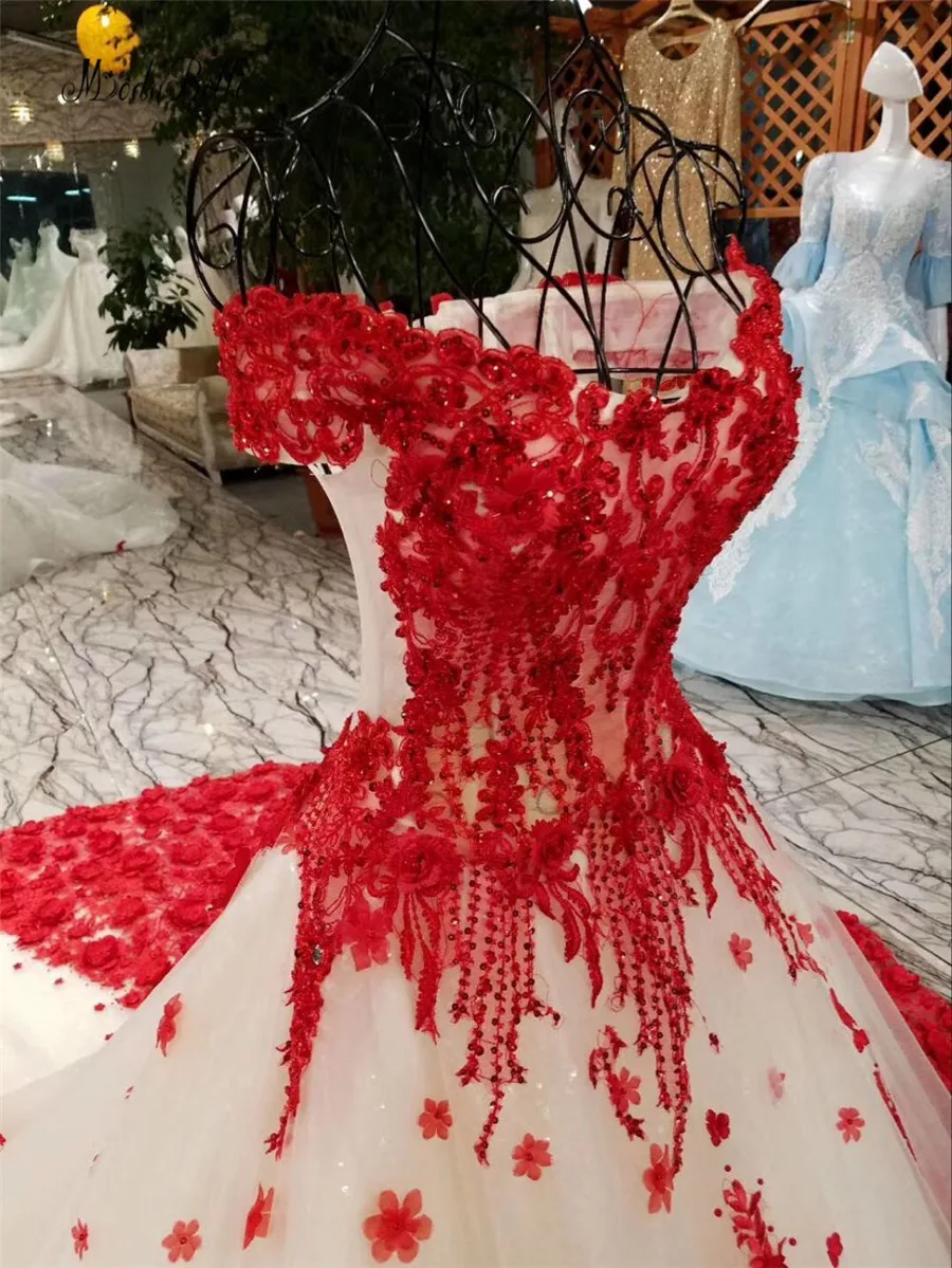 modabelle Romantic Red Lace Flower Wedding Dress With 100cm Train Ball Gowns Luxuriant Bridal Dress Lace Up Robe De Mariage