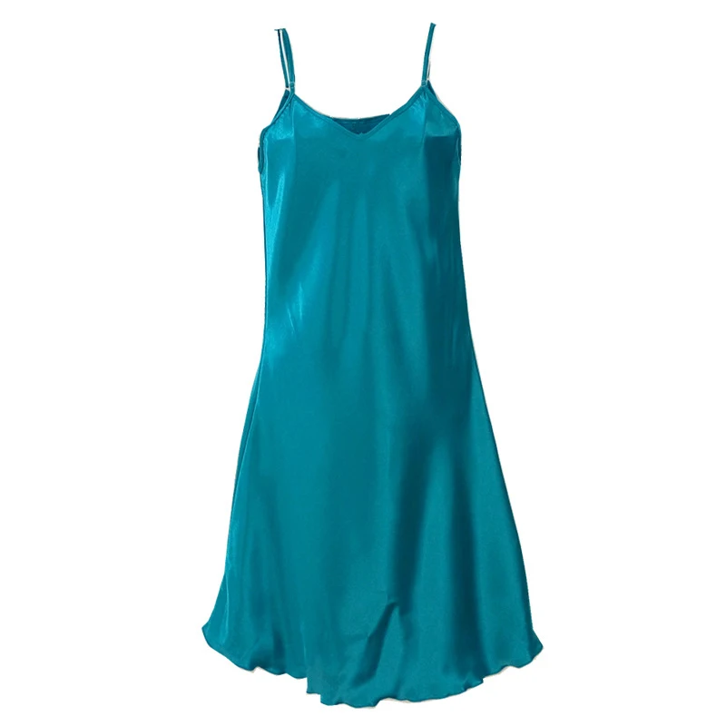 Peacock blue Летняя женская сексуальная шелковая атласная ночная рубашка без рукавов v-образная Пижама женская ночная рубашка размера плюс ночная рубашка - Цвет: Peacock blue