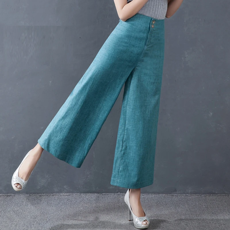 Summer Spring  Casual Women Blue Wide Leg High Waisted Linen Ankle Length Trousers , Casual Slim Female Woman Loose Pants