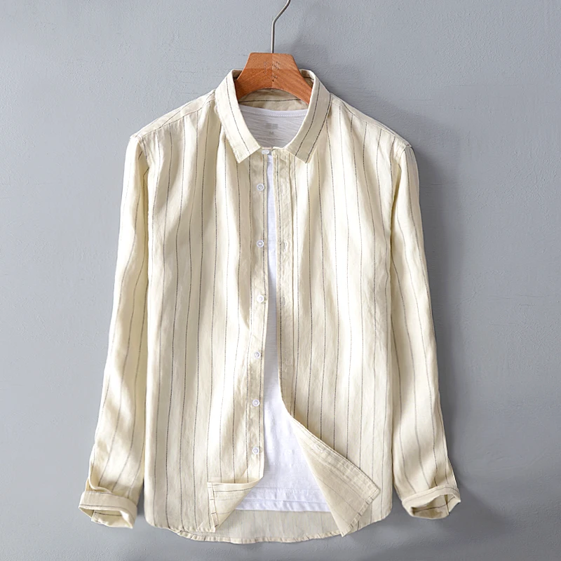 

New arrival pure linen long sleeve striped shirts men brand casual spring shirt mens fashion clothing shirt male tops camisa