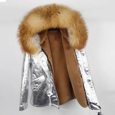 short gold fox Брендовое пальто из натурального меха, новая парка, Серебряное пальто из искусственной кожи, зимняя куртка для женщин, воротник из натурального меха енота, теплые толстые парки со съемным воротником - Цвет: short gold fox