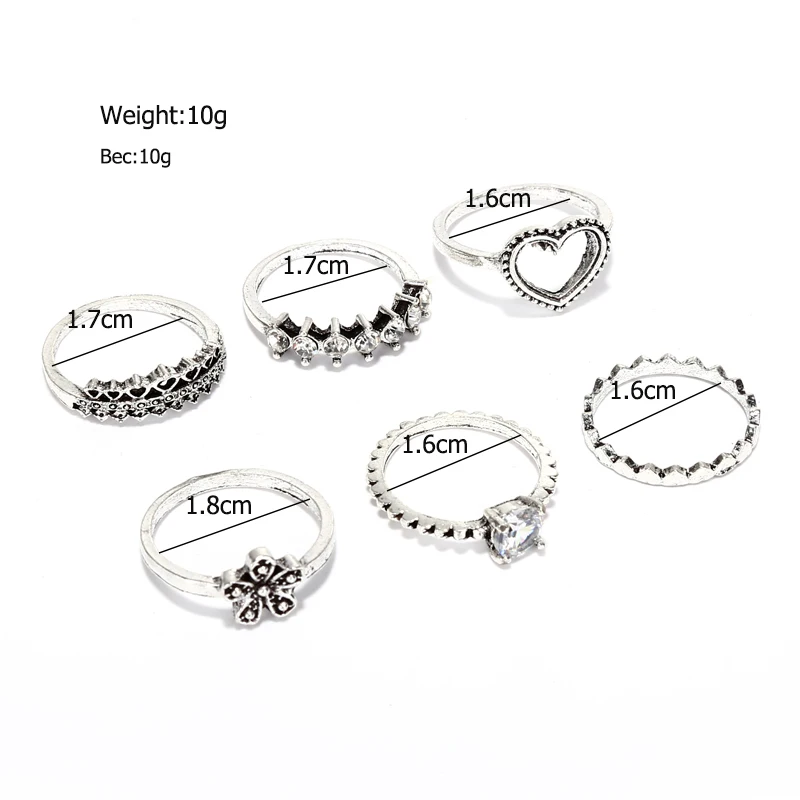 YAOLOGE Vintage Heart Flower Crown Shape Rings Sets for Women Girls Bohemian Carving Crystal Midi Knuckle 6 pcs/Sets | Украшения и