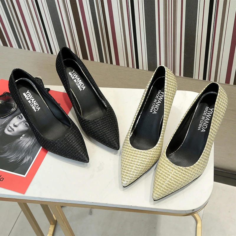 

2019 Female Spring New Women's Pointed Toe High Heels Fashion Thin Heel Sequined Cloths Ladies Pumps Party Sexy Shoes