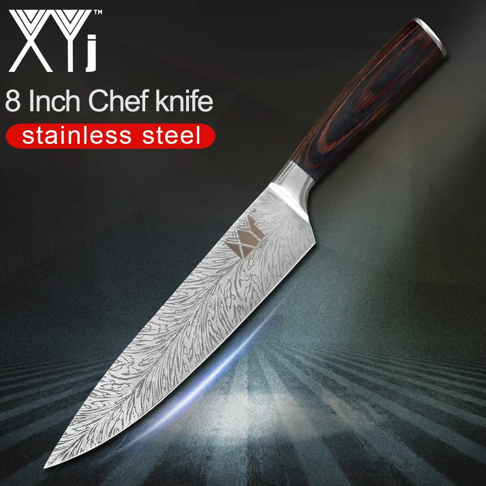 8 inch Chef Knife XYj нож из нержавеющей стали с красивым узором 7cr17, лезвие из нержавеющей стали, цветные кухонные ножи с деревянной ручкой, набор ножей из 8 предметов - Цвет: 8 inch Chef Knife