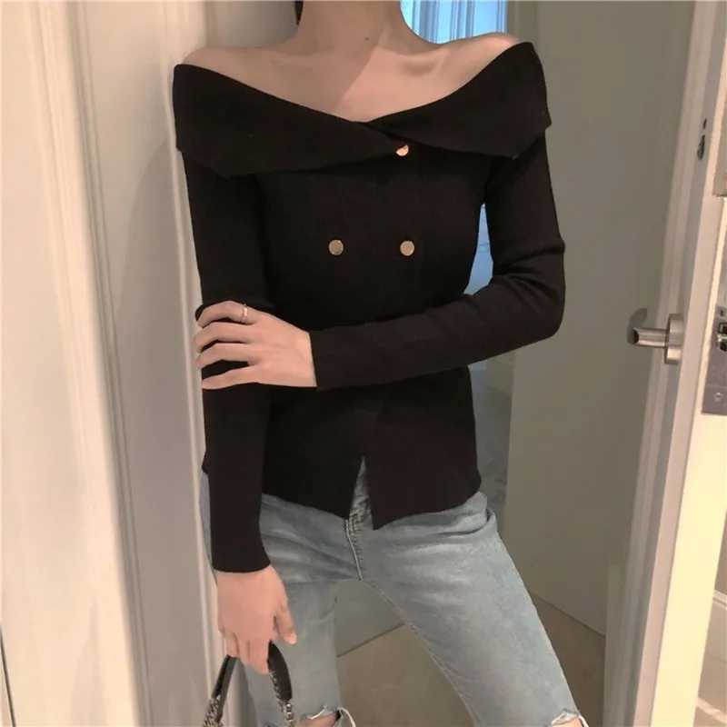 Korean Style Off Shoulder Top Fashion Long Sleeve Sweaters 2018 Women Clothes Double Breasted Elegant Strapless Knitted Cardigan |