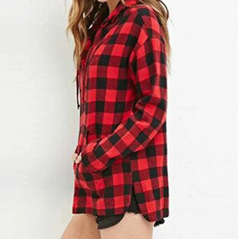 HEE GRAND 2018 Girls Blouses Spring Autumn Two Pockets Casual Loose Hoodies Red Black Plaid Shirts Women Blusas Feminina WCL1538 |