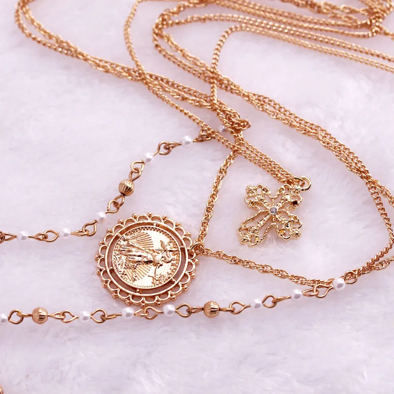 Cross Figure 3 Layers Choker Necklace For Women Girl Gold Link Chain Pendant Necklaces Crystal Pearl Beads Chokers Jewelry N188 | Украшения