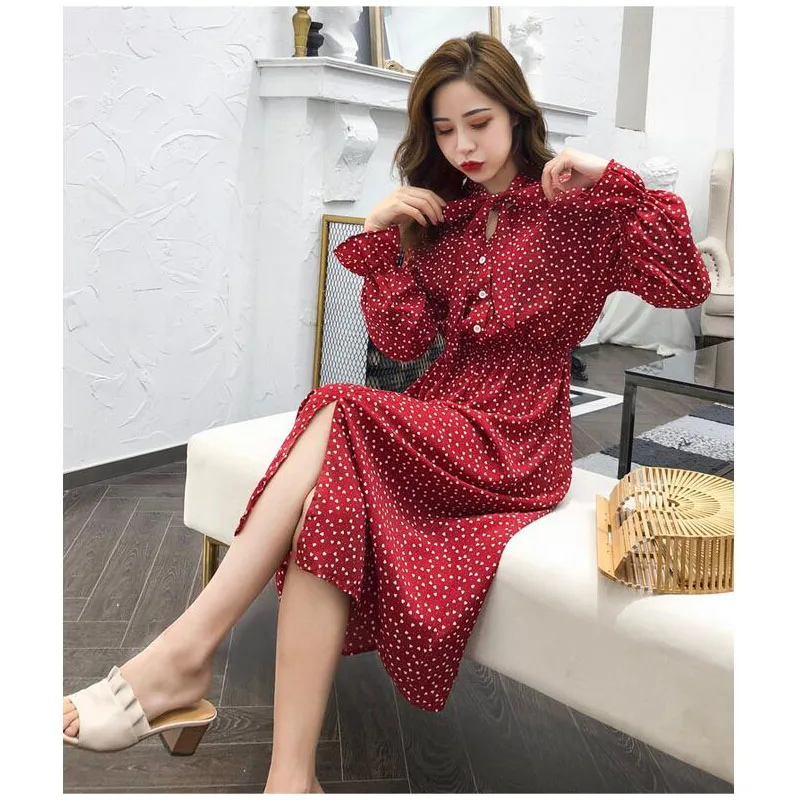 Женское шифоновое платье рубашка в горошек повседневное красное миди с