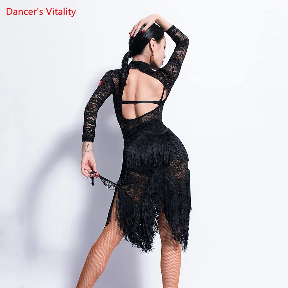

Платья для латинских танцев, сексуальное кружевное платье с длинными рукавами и кисточками, одежда для взрослых, Женская Румба Самба танец, ...
