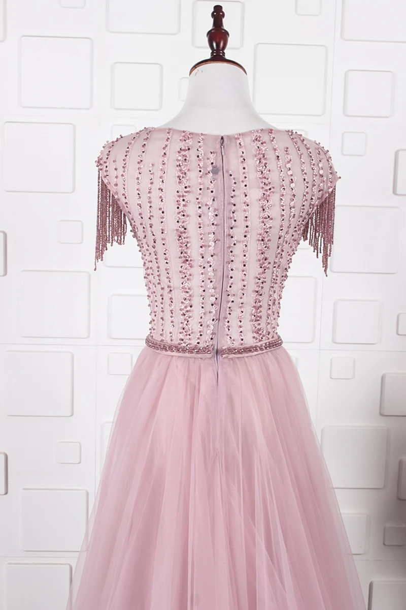 JANCEMBER Grey and Pink Diamond Crystal Luxury Evening Dress Cap Sleeve Fashion With Train Evening Dress Real Photo