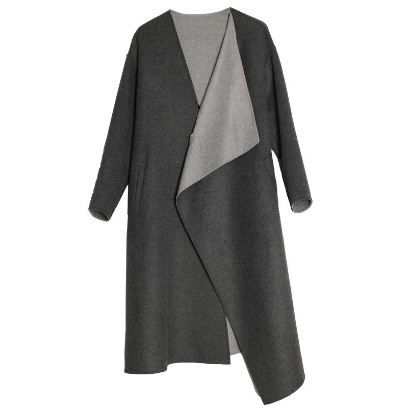 2018 AW Collection original design simple asymmetrical long belted gray double faced wool coat women | Женская одежда