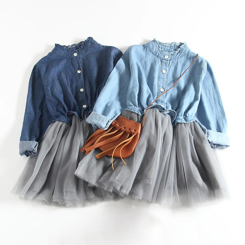 R&ampZ New 2018 Spring Autumn Baby Girl Dress Denim Mesh Patchwork Princess Long Sleeve Toddler Kids Dresses for Girls | Детская одежда