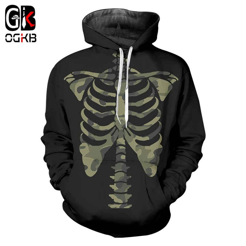 

OGKB Men's New Creative Interesting Casual Hoodies 3D Printed Funny Camouflage Skeleton Black Large Size 6XL