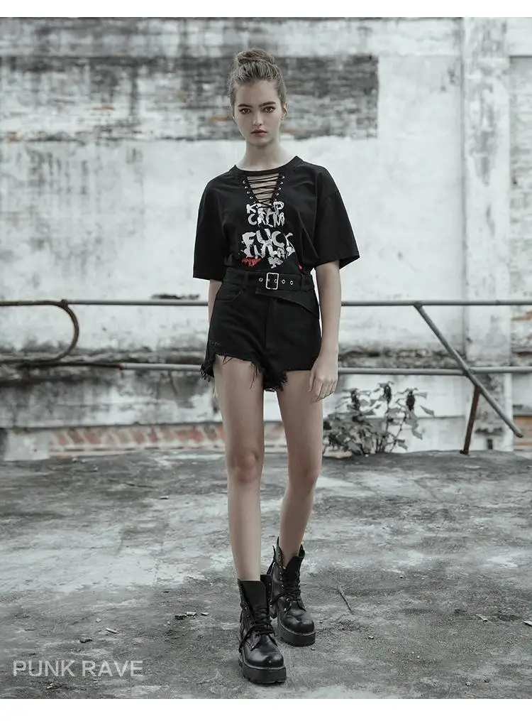 Женская готическая футболка в стиле панк с глубоким v образным вырезом и