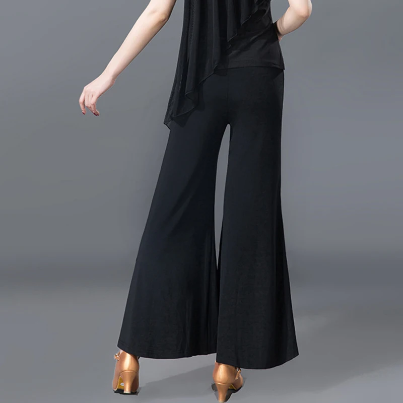 Женские брюки для латиноамериканских танцев черные с широкими штанинами и