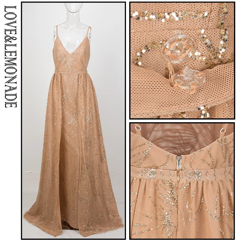 Женское платье LOVE & LEMONADE золотистое длинное облегающее со съемным фартуком и v