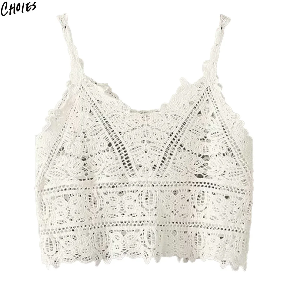 3 цвета кроше кружева Обрезанные камзол 2017 Лето V шеи выдалбливают без рукавов