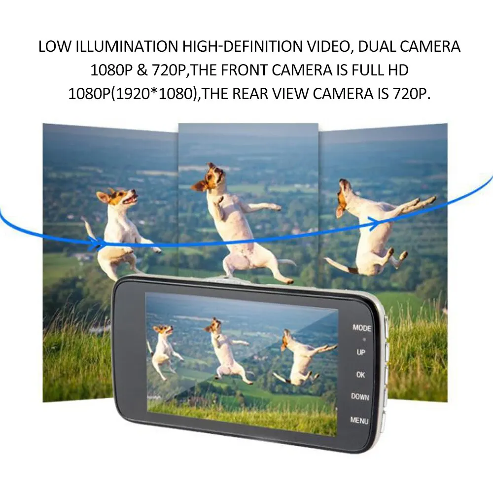 FHD 1080P 4 дюймовый ЖК дисплей IPS с двумя объективами Автомобильный видеорегистратор
