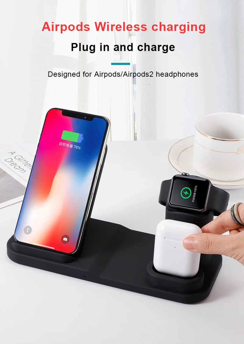 3 в 1 беспроводная зарядная док-станция для iPhone XR XS Max 8 10 Вт Быстрая зарядка для Apple Watch 2 3 4 для AirPods для samsung S10